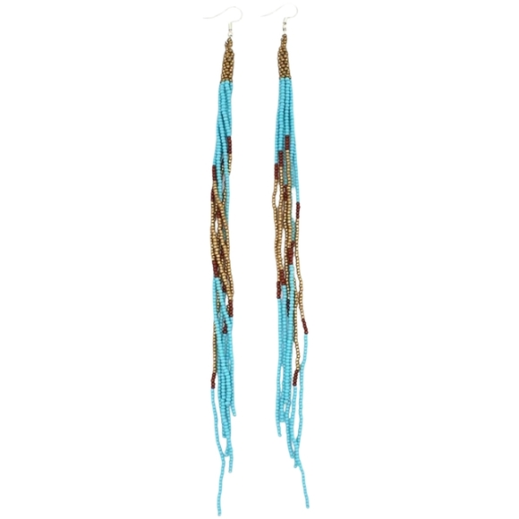 Long 9 Inch Turquoise Blue Bronze Beaded Tassel Earrings Aqua Dangle Statement - Picture 6 of 6